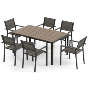 7 Piece Outdoor Dining Set with 6 Stackable Chairs and Large Rectangle Table-Gray