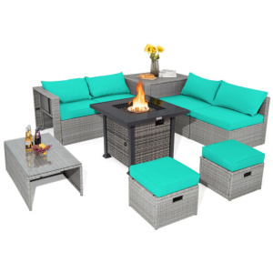 9 Pieces Outdoor Patio Furniture Set with 32-Inch Propane Fire Pit Table-Turquoise