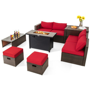 9 Pieces Outdoor Patio Furniture Set with 42 Inch Propane Fire Pit Table-Red