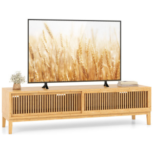 Bamboo TV Stand for TVs up to 65 Inches with Sliding Slatted Doors-Natural