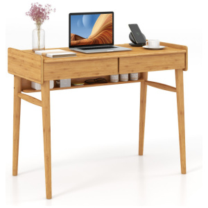 Bamboo Writing Desk with 2 Storage Drawers and Open Shelf-Natural