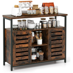 Buffet Cabinet Industrial Sideboard Storage Cabinet with Push-to-Open Slatted Door and 3 Adjustable Shelves-Rustic Brown