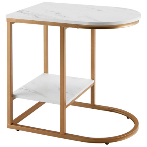 C-shaped Side Table with Faux Marble Tabletop and Golden Steel Frame-White