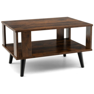 Compact Retro Mid-Century Coffee Table with Storage Open Shelf-Rustic Brown