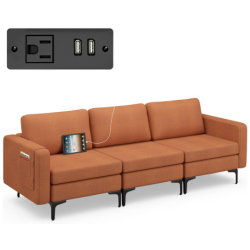 Convertible Leather Sofa Couch with Magazine Pockets 3-Seat with 2 USB Port-Orange