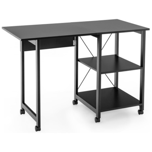 Folding Writing Office Desk with Storage Shelves-Black