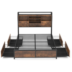 Full/Queen Size Bed Frame with Bookcase Headboard and 4 Storage Drawers-Full Size