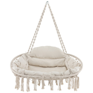 Hand-Woven Rope Hanging Chair with Thick Cushion and Folding Metal Frame-Beige