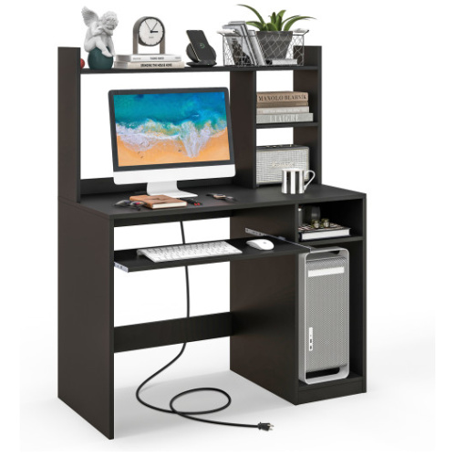 Home Office Computer Desk with Bookcase Keyboard Tray and CPU Stand-Black