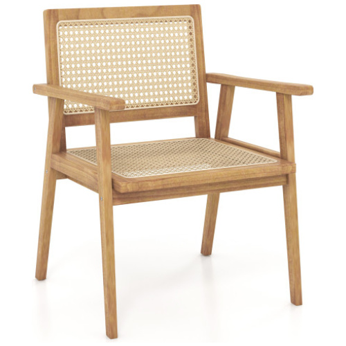 Indonesia Teak Wood Chair with Natural Rattan Seat and Curved Backrest for Backyard Porch Balcony