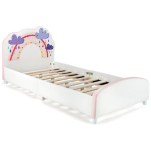 Kids Twin Size Upholstered Platform Wooden Bed with Rainbow Pattern