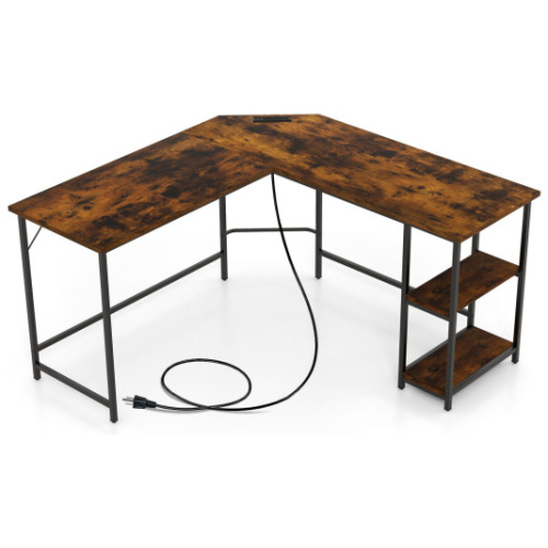 L Shaped Computer Desk with 2 Outlets and 2 USB Ports-Brown