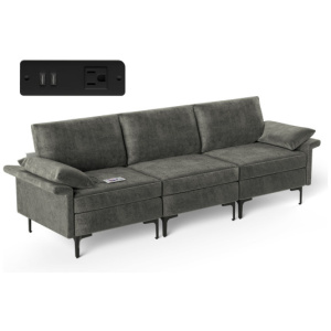 Large 3-Seat Sofa Sectional with Metal Legs and 2 USB Ports for 3-4 people-Silver