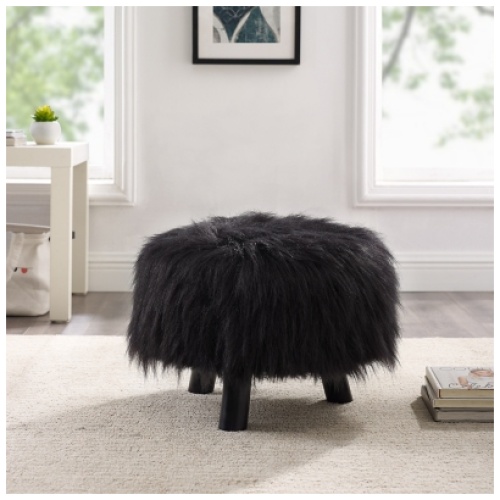 Linon Faux Fur Stool Ottoman, Black