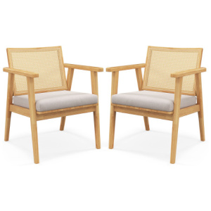 Mid Century Modern Accent Chairs Set of 2 with Breathable Rattan Back-Natural