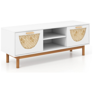 Mid Century Modern TV Stand Entertainment Center for 55-Inch TV with 2 Drawers and Bamboo Woven Fronts-White