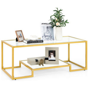 Modern 2-Tier Rectangular Coffee Table with Glass Table Top-Golden