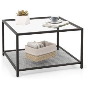 Modern 2-Tier Square Glass Coffee Table with Mesh Shelf-Transparent