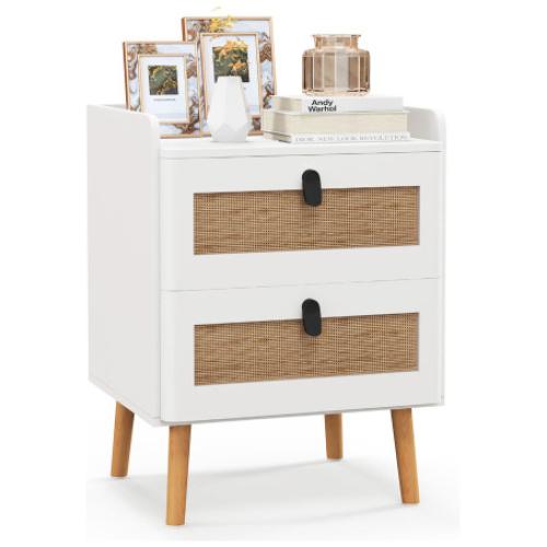 Modern End Table Bedside Table with 2 Rattan Decorated Drawers-White