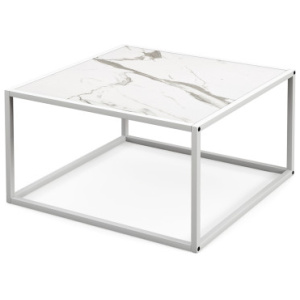 Modern Glass Square Coffee Table with Metal Frame for Living Room-White