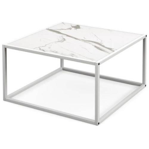 Modern Glass Square Coffee Table with Metal Frame for Living Room-White