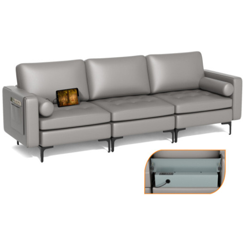 Modular 3-Seat Sofa Couch with Socket USB Ports and Side Storage Pocket-Light Gray