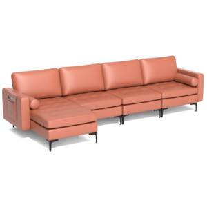 Modular L-shaped Sectional Sofa with Reversible Chaise and 2 USB Ports-Pink