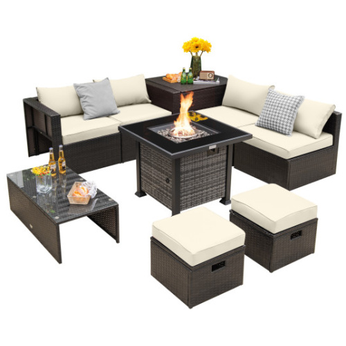 Outdoor 9 Pieces Patio Furniture Set with 50, 000 BTU Propane Fire Pit Table-Off White