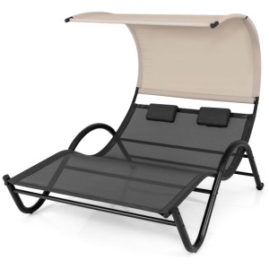 Outdoor Double Chaise Lounge Chair with Sunshade Canopy and Headrest Pillows-Black