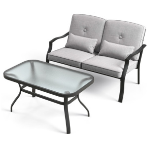 Outdoor Loveseat Chair Set with Tempered Glass Coffee Table