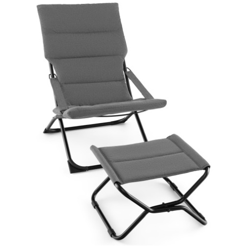 Patio Folding Sling Chair with Ottoman Footrest and Removable Cushion-Gray