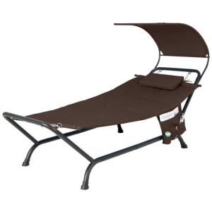 Patio Hanging Chaise Lounge Chair with Canopy Cushion Pillow and Storage Bag-Brown