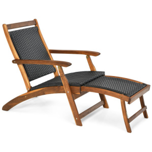 Patio Rattan Folding Lounge Chair with Acacia Wooden Frame Retractable Footrest