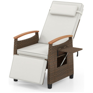 Patio Wicker Recliner Chair with Adjustable Backrest and Footrest-White