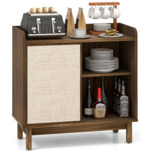 Rattan Buffet Sideboard Mid Century Floor Storage Cabinet with Sliding Door and Adjustable Shelves-Walnut