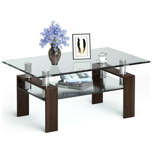 Rectangle Glass Coffee Table with Metal Legs for Living Room-Brown