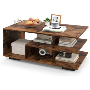 Rectangular Coffee Table with L-shaped Middle Shelf-Brown