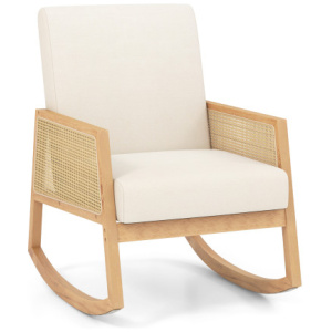 Rocking Chair with Rattan Armrests and Upholstered Cushion-Beige