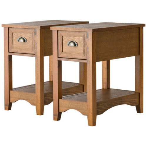 Set of 2 Contemporary Side End Table with Drawer -Natural