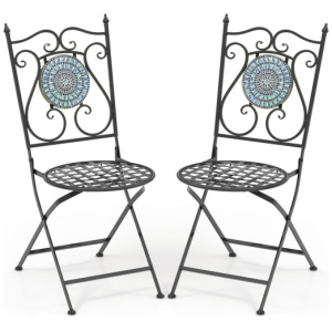 Set of 2 Mosaic Chairs for Patio Metal Folding Chairs-Black & Blue