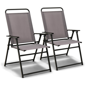 Set of 2 Outdoor Folding Sling Chairs with Armrest and Backrest-Gray