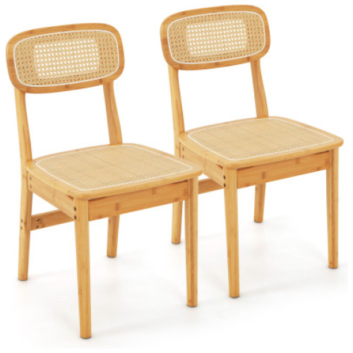 Set of 2 Rattan Dining Chairs with Simulated Rattan Backrest-Natural