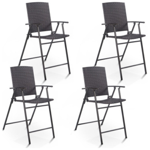 Set of 4 Folding Rattan Bar Chairs with Footrests and Armrests for Outdoors and Indoors