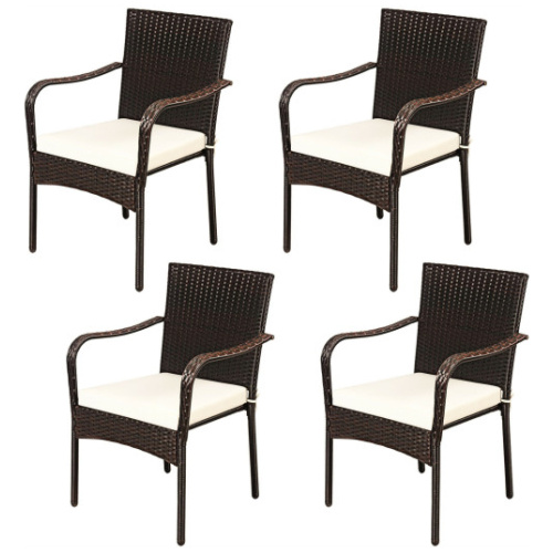 Set of 4 Patio Rattan Stackable Dining Chair with Cushioned Armrest for Garden