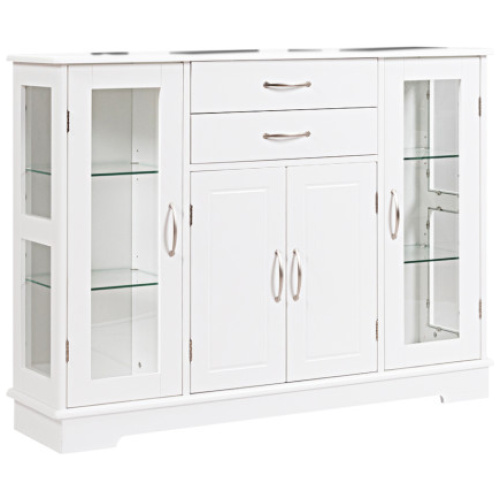 Sideboard Buffet Server Storage Cabinet with 2 Drawers and Glass Doors-White