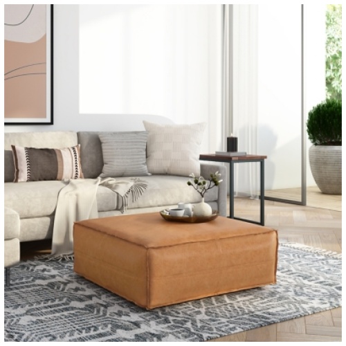 Simpli Home Brody Square Distressed Faux Leather Ottoman, Distressed Brown