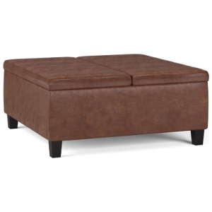 Simpli Home Ellis Coffee Table Storage Ottoman, Distressed Saddle Brown