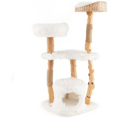 Solid Wood Cat Tower with Top Cattail Basket Cat Bed for Indoor Cats-White