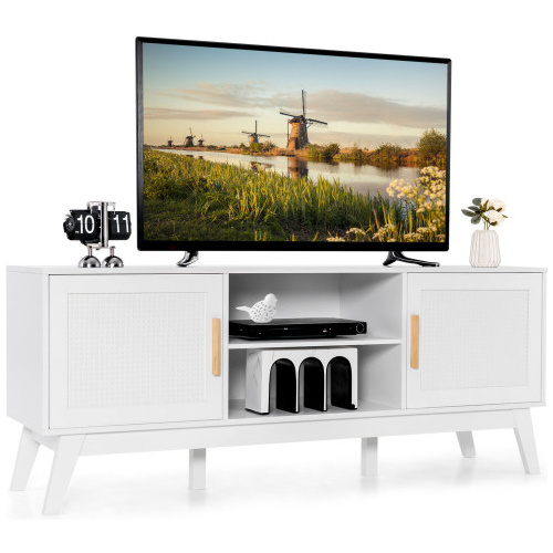 TV Stand Entertainment Media Console with 2 Rattan Cabinets and Open Shelves-White