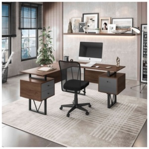 Techni Mobili Reversible L-Shape Computer Desk with Drawers, Walnut